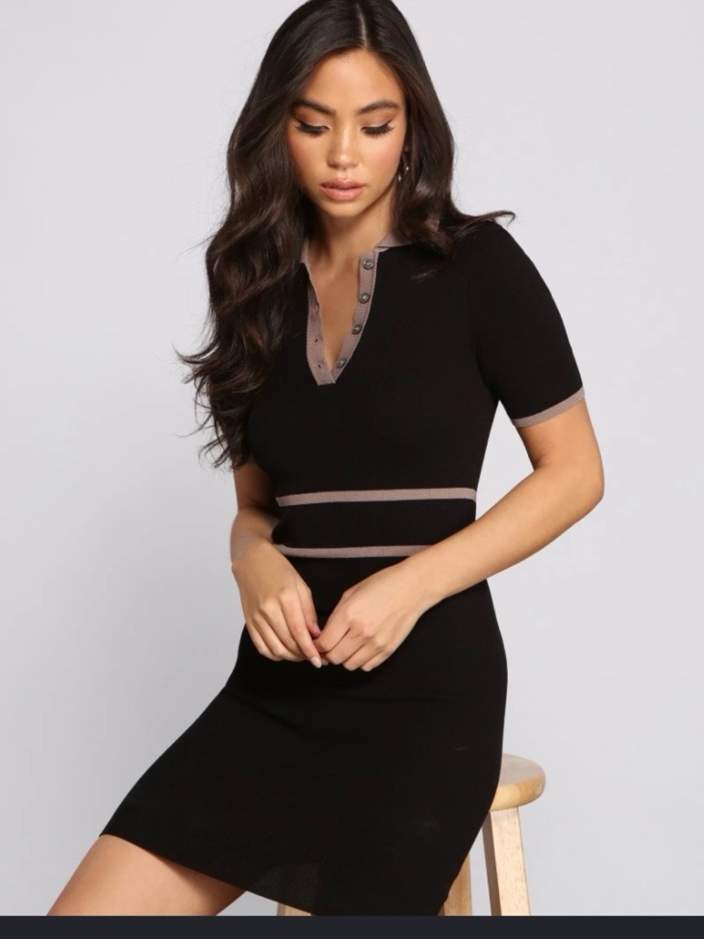 The Vintage Shop Black Midi Polo Dress with Taupe Trim